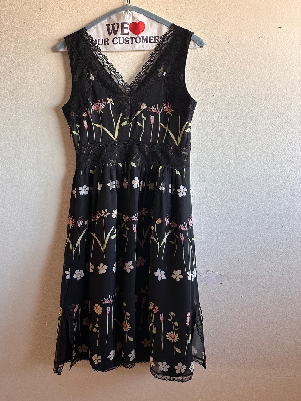 Anthropologie Anna Sui Black Floral Lace-Trim Midi Silk Dress Size 0